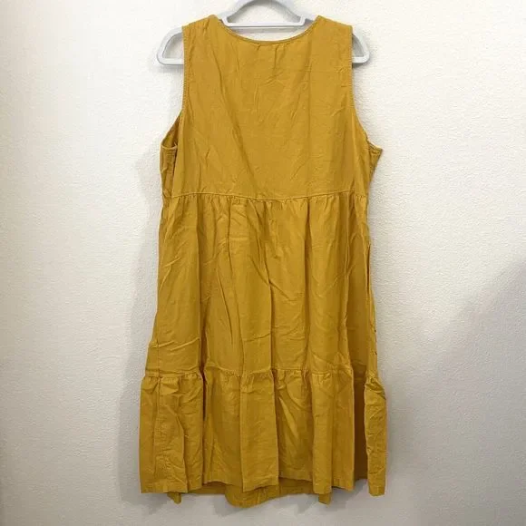 Croft & Barrow Dress Womens Size 2X Mustard Linen Blend Tiered Sleeveless Pocket - Picture 2 of 9
